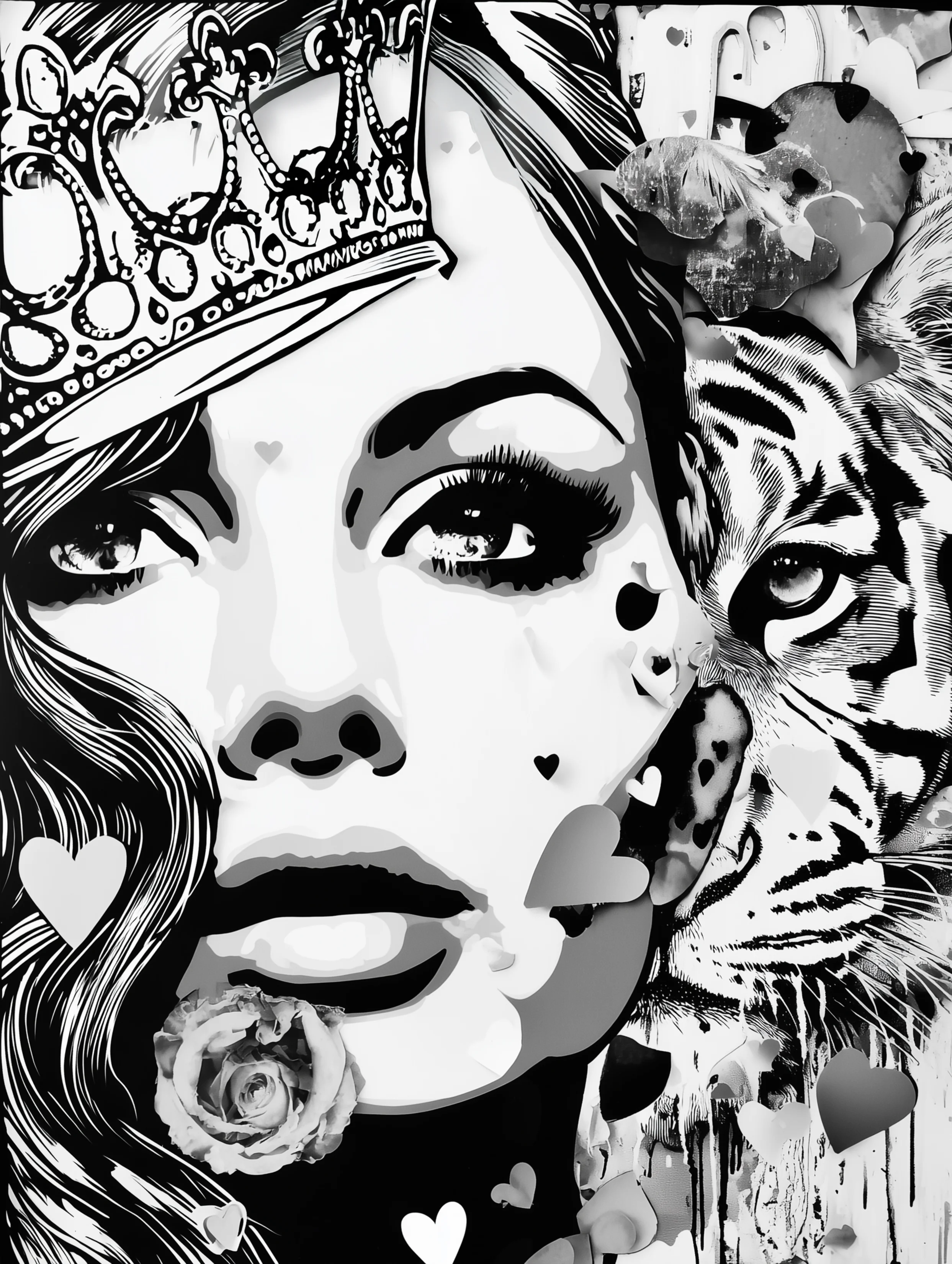 Free printable queen coloring page for adults featuring a layered composition of a queen with a tiger